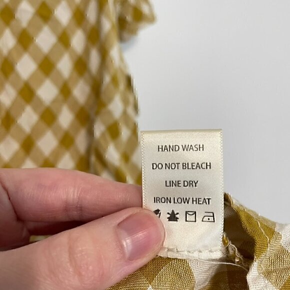 MAX STUDIO Smocked Waist Flutter Sleeve Blouse Mustard Yellow White Gingham Boho - Picture 10 of 14
